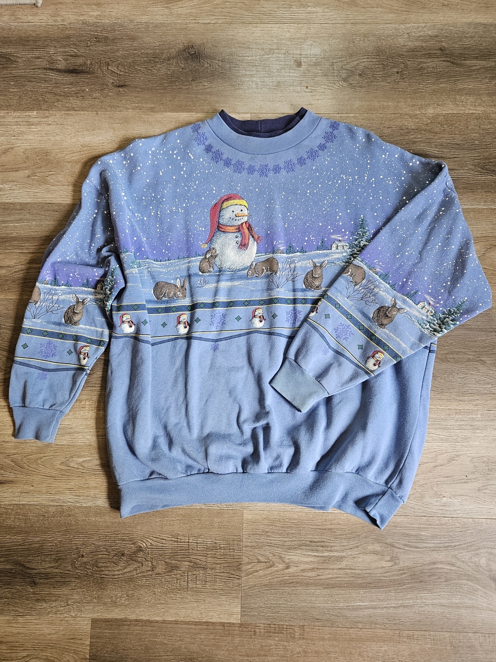 VTG 90s Artisans All Over Print Snowman Bunnies Winter Crewneck Sweatshirt